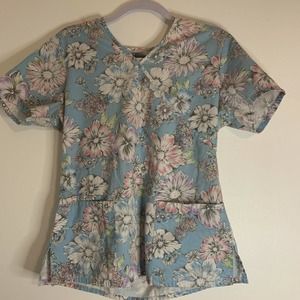 SB Scrubs Blue Floral Mock Neck Scrub Top Medical Uniform Small